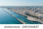 Bari, Italy. The central embankment of the city during the day. Lungomare di Bari. Summer. Bari - a port city on the Adriatic coast, Aerial View  