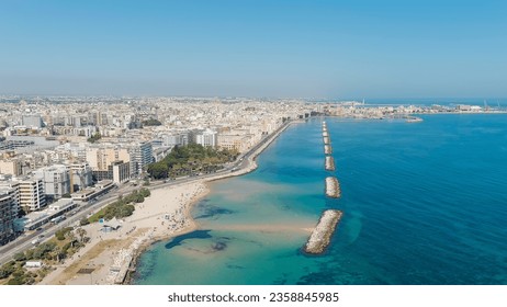 Bari, Italy. The central embankment of the city during the day. Lungomare di Bari. Summer. Bari - a port city on the Adriatic coast, Aerial View  