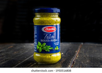 Barilla Pesto Sauce With Basil And Arugula On Glass Jar For Home Cooking Food