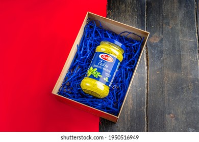 Barilla Pesto Sauce With Basil And Arugula On Glass Jar For Home Cooking Food