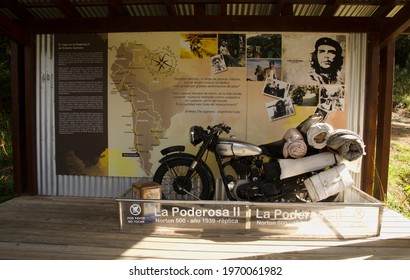 Bariloche, Rio Negro, Argentina; April 2021.  Motorcycle Exhibited In Frias Lake In Argentine Patagonia Used By Enresto Che Guevara To Cross The Andes To Chile On His Trip Through Latin America