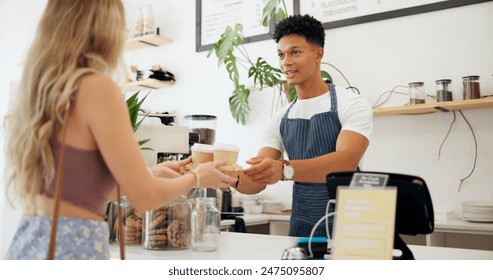 Barista, coffee and serving woman in cafe with lunch, cappuccino and latte for energy or work. African man, espresso and customer in coffee shop or restaurant with cookies assisted by happy waiter - Powered by Shutterstock