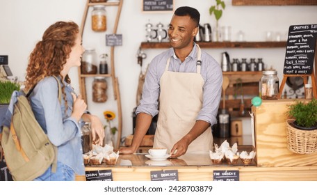 Barista, coffee shop and customer for services with order, drink and talking of food, hospitality and laughing at counter. Small business owner with student for discount at a cafe, market or bakery - Powered by Shutterstock