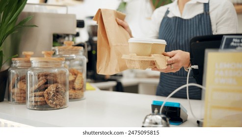 Barista, customer and takeaway coffee or giving at counter as breakfast order, morning or espresso. Person, hands and cafe shop or lunch beverage for small business food at bakery, latte or drink - Powered by Shutterstock