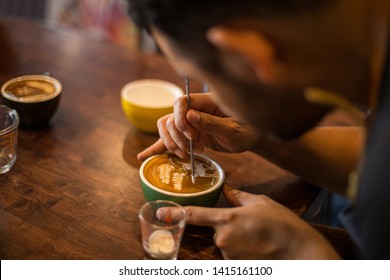 Barista Make Coffee Latte Art In Training School Or Coffee Shop Cafe 