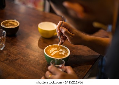 Barista Make Coffee Latte Art In Training School Or Coffee Shop Cafe 