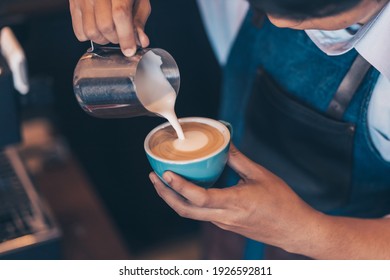 Barista Making Cappuccino, Bartender Prepare Coffee Drink At Coffee Shop .