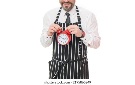 Barista man crop view. Barista holding clock. Barista hours. Coffeehouse cafe hours