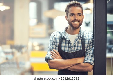 Barista, man or smile by door of cafe for customer service, welcome or hospitality with arms crossed. Small business manager, waiter or thinking in coffee shop entrance for start of day or reflection - Powered by Shutterstock