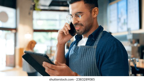 Barista, phone call and tablet for restaurant communication, online management or customer service in cafe. Small business owner, waiter or man on mobile and digital inventory for coffee shop startup - Powered by Shutterstock