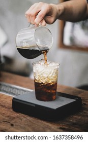 Barista Pour Espresso Shot Into Ice Make Iced Black Coffee Americano