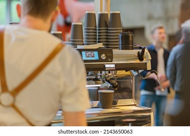 Barista Preparing Coffee In The Coffee Machine. Fresh Espresso. Coffee Culture And Professional Coffee Making, Service And Catering Concepts