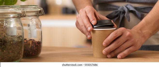 Barista Preparing A Takeaway Coffee In A Paper Cup, Panorama