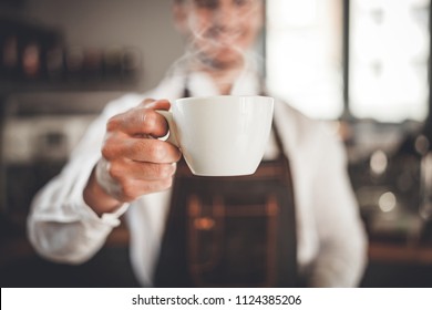 Barista Presents Cup Of Hot Coffee At Cafe, Coffee Shop Business