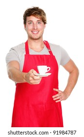 Barista / Waiter Man Serving Coffee Wearing Apron. Handsome Young Small Coffee Shop Business Owner Isolated On White Background.