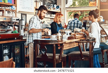 Barista, woman and cafe as waitress in small business with customer in restaurant or coffee shop. Working people, cafeteria and client for food service with entrepreneur in startup in New York City - Powered by Shutterstock