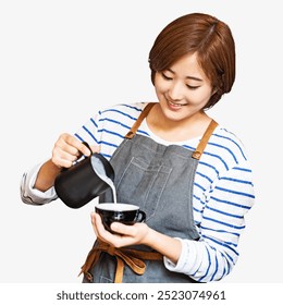 Barista woman wearing apron and making latte art. Portrait of cheerful woman making latte art. Asian barista woman making latte art with smiling - Powered by Shutterstock