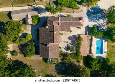 Barjac, France - July 24th 2022 : Aerial View With Drone Of A Sumptuous Stone Villa In The South Of France With A Pool