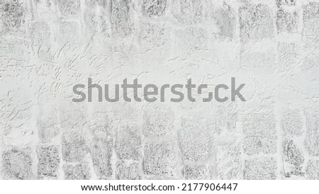 Bark Beetke Plaster and Old Brick Stone Wall  Relief. Texturized Wall Background. Horizontal White Wall Texture.