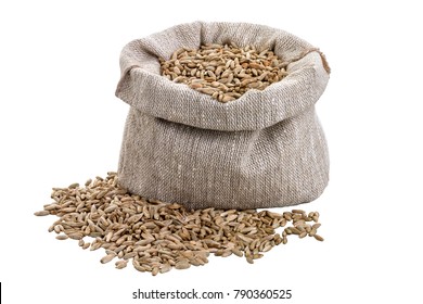 Barley In A Bag Isolated, Rye Grain In Bag, Oats In A Bag On White Background.  Barley Isolated