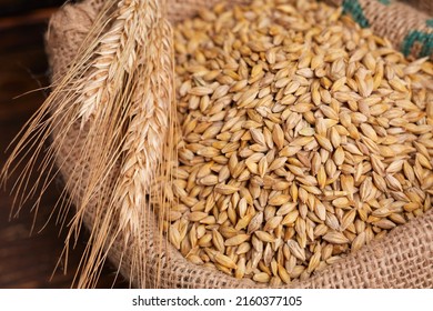 barley grain on the wooden background - Shutterstock ID 2160377105
