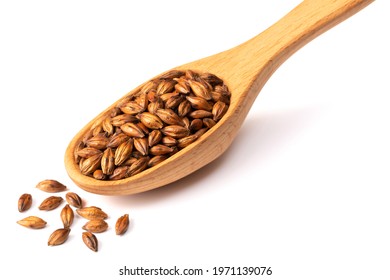 Barley Tea In The Wooden Spoon, Isolated On Pure White Background