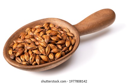 Barley Tea In The Wooden Spoon, Isolated On Pure White Background