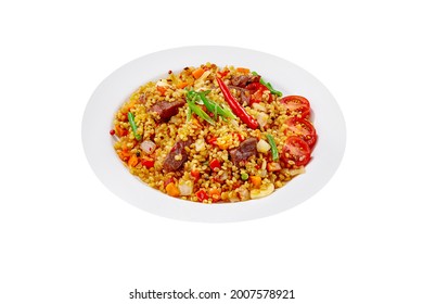 Barley And Veal Pilaf With Vegetables Isolated On White