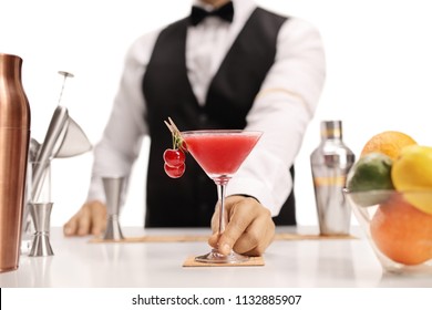 Barman Offering His Signature Cocktail Isolated On White Background