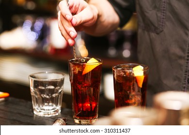 Barman Stir Alcohol. Process Of Preparing A Cocktail