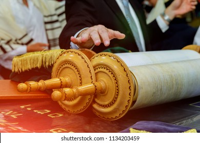 Barmitzvah Reading Torah Scrolls Near Bar Mitzva In The Jewish Torah