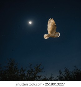 A barn owl flying silently through the night sky, its pale feathers glowing under the moonlight as it glides in search of prey. - Powered by Shutterstock