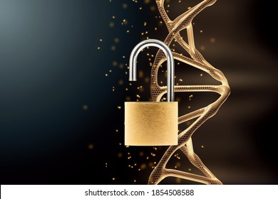 Barn padlock open on dna background. Concept scientists have decoded the genome, a scientific discovery