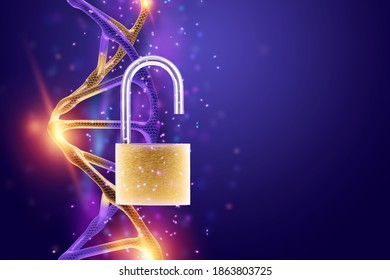 Barn padlock open on dna background. Concept scientists have decoded the genome, a scientific discovery