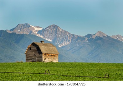 Barn with snow capped mountains backdrop