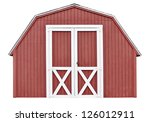 Barn style utility tool shed for garden and farm equipment, isolated on white background