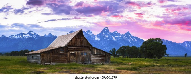  Barn At Sunset At Grand Teton National Park,Wyoming,usa.