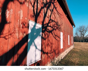 Barn with tree shadow in fall