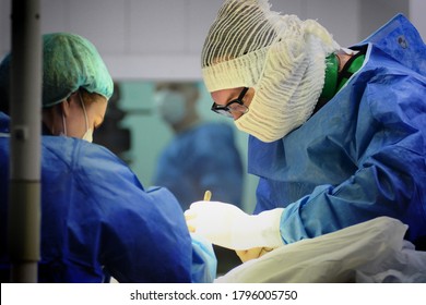 Barnaul, Russia-June 14, 2020. A surgical team operates on a patient in a hospital