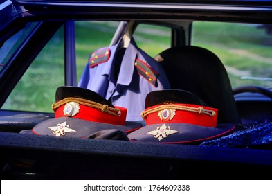 Barnaul, Russia-June 22, 2019.Russian Police Caps Are Lying In The Back Seat Of The Official Car