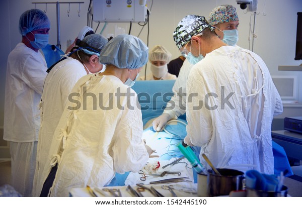 Barnaul, Russia-September 19, 2019.  Masked\
heart surgeon performs open heart\
surgery