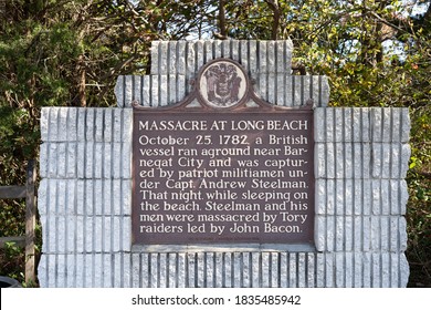 Barnegat Light, NJ - Oct. 15, 2020: This Monument Located At The Entrance To Barnegat Lighthouse State Park Describes The Massacre At Long Beach In 1782 By A 