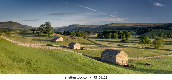 Barns at sunrise near Hawes, North Yorkshire.