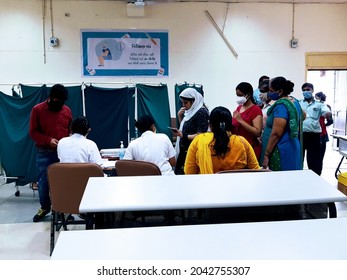 Baroda, India - 09 17 2021: Corona Vaccination drive in an Indian city Vadodara, Gujarat. COVID-19 vaccines doses are being given on appointment and walk-in bases in hospitals.