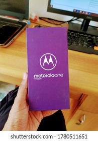 Baroda, India-07/21/2020: Motorola One Vision Box Pack In Blue Color Along With Company/brand Logo.