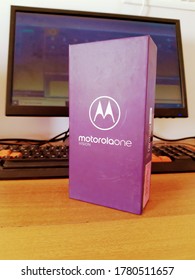 Baroda, India-07/21/2020: Motorola One Vision Box Pack In Blue Color Along With Company/brand Logo.