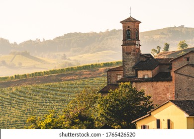 Barolo, Italy. Amazing Sunlit Landscape Over The Famous Vineyard Hills Of Barolo, In Piedmont.