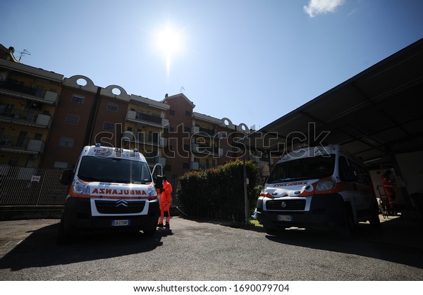 Baronissi, SALERNO/ITALY - April 4 2020: Ambulances\
granted by Italian civil protection en route to avoid contagion due\
to Covid-19. 