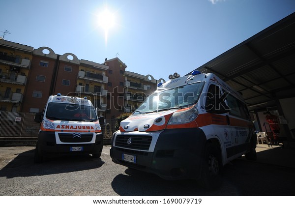 Baronissi, SALERNO/ITALY - April 4 2020: Ambulances\
granted by Italian civil protection en route to avoid contagion due\
to Covid-19. 