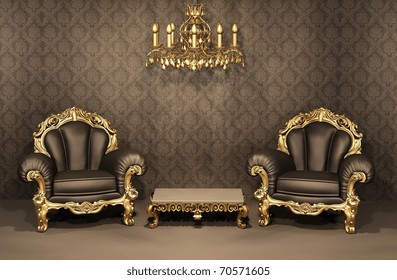 Baroque Armchairs with gold frame in old interior. Luxurious furniture. Deluxe apartment - Shutterstock ID 70571605